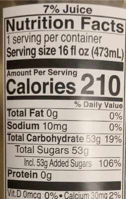 Lemonade, Original nutrition facts table