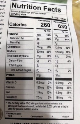 Organic Tomato & Mozzarella Ravioli nutrition facts table