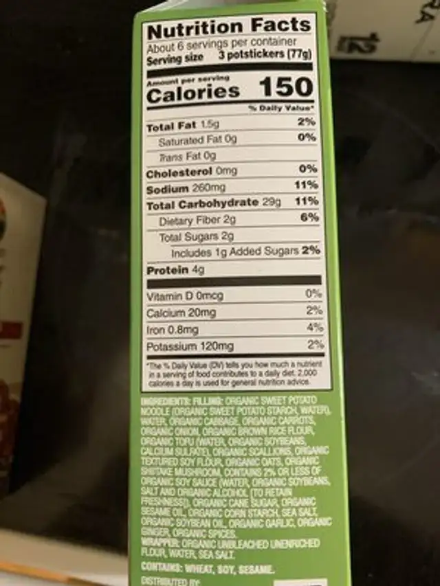 Organic vegetable potstickers nutrition facts table