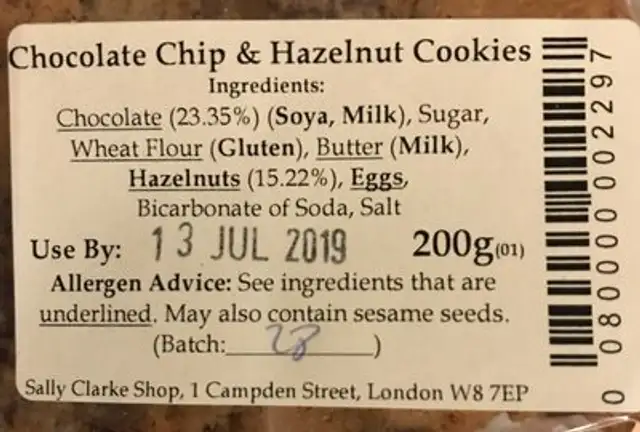 Chocolate Chip & Hazlmut Cookies ingredients label