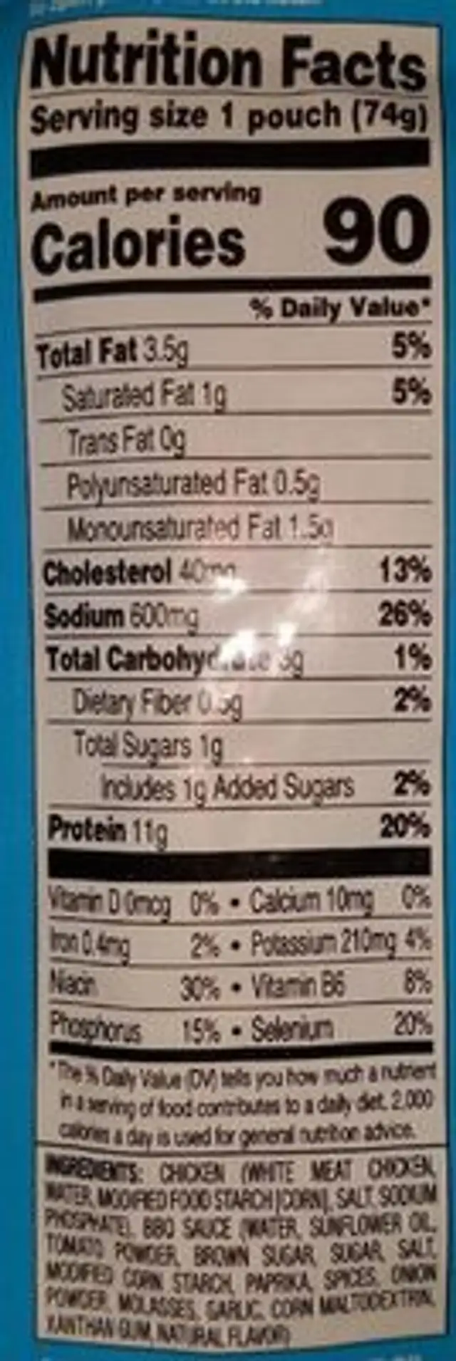 Chicken creations classic bbq pouch nutrition facts table