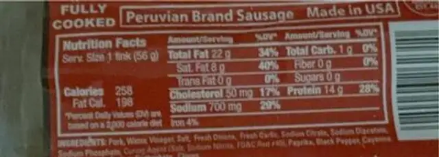 Chorizo peruano nutrition facts table