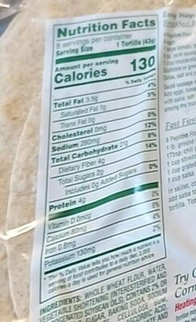 Pepito whole wheat flour tortillas nutrition facts table