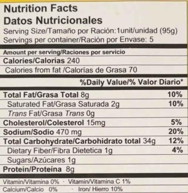 Empanadillas de Pollo nutrition facts table
