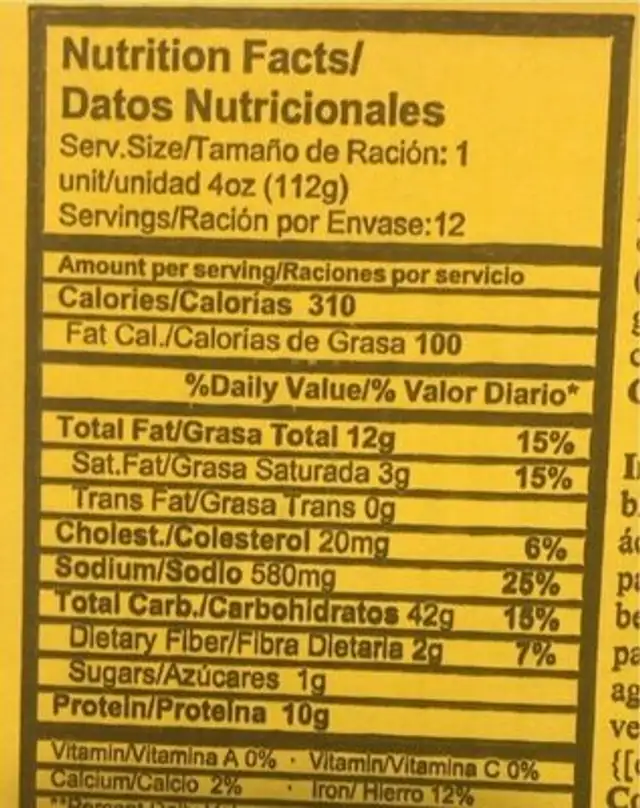 Empanadillas chicken nutrition facts table