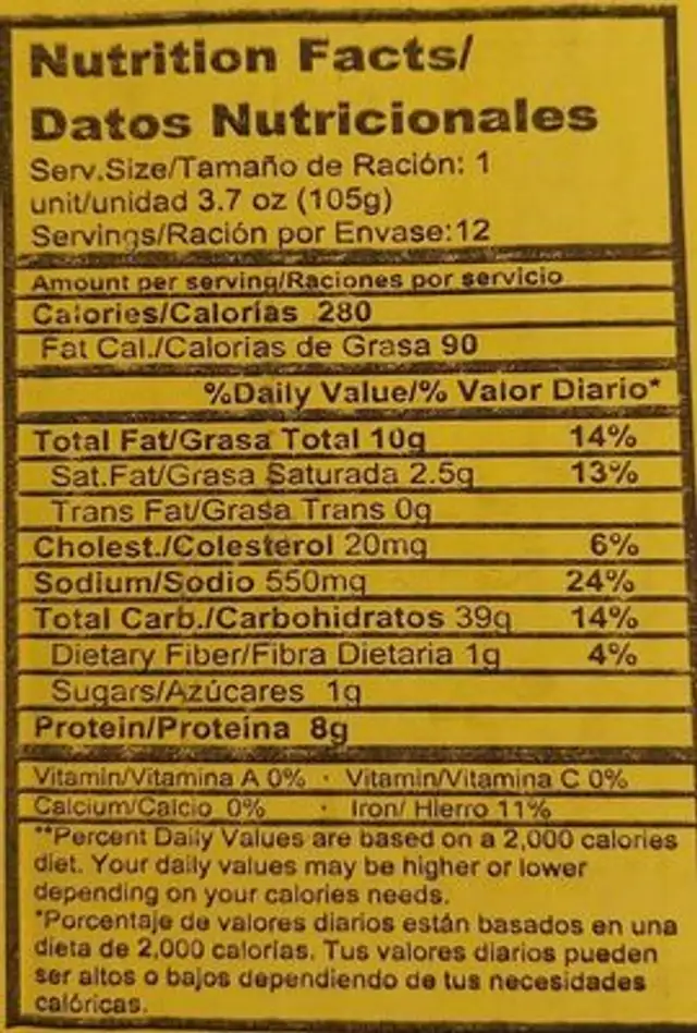 Tacos de Pollo nutrition facts table