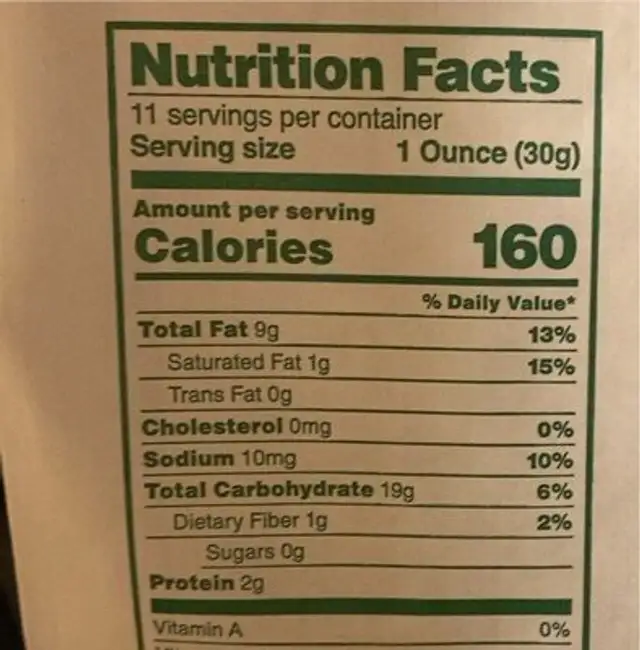 Tostaditas Chips nutrition facts table