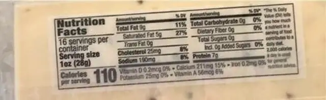 Pepper Jack Cheese nutrition facts table