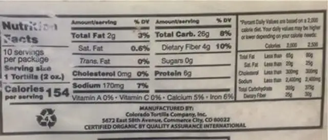 Organic wheat tortilla nutrition facts table
