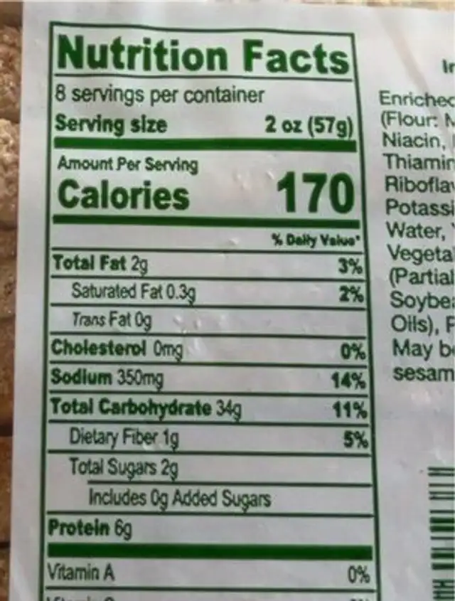 Italian scali nutrition facts table