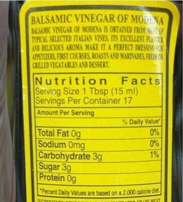 Balsamic vinegar spray nutrition facts table