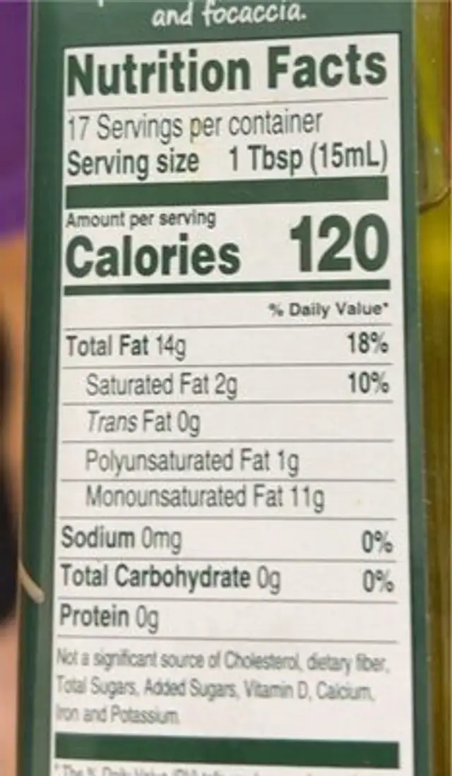 Rosemary Flavored Extra Virgin Olive Oil nutrition facts table