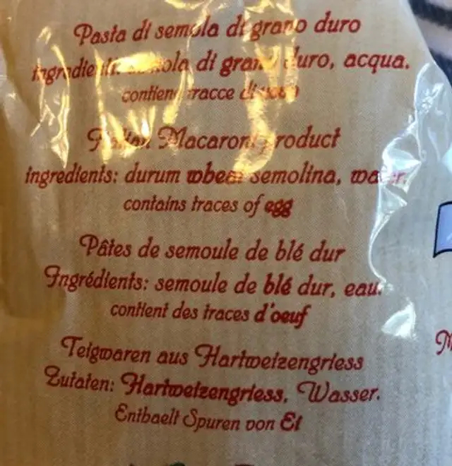 Pastatoscana ingredients label