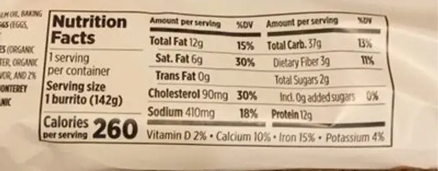Good food made simple cheese & veggies breakfast burrito nutrition facts table