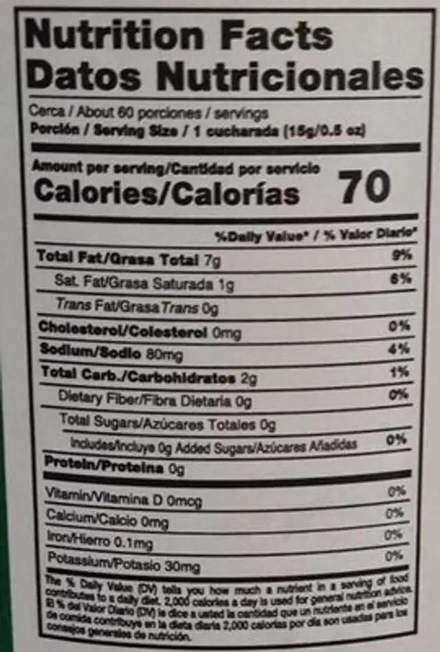 Ajo molido nutrition facts table