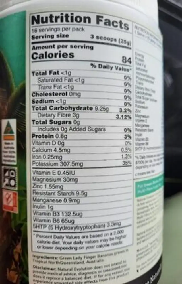 Green Banana Starch multi fibre nutrition facts table