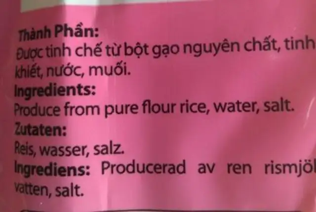 Vermicelle de riz ingredients label
