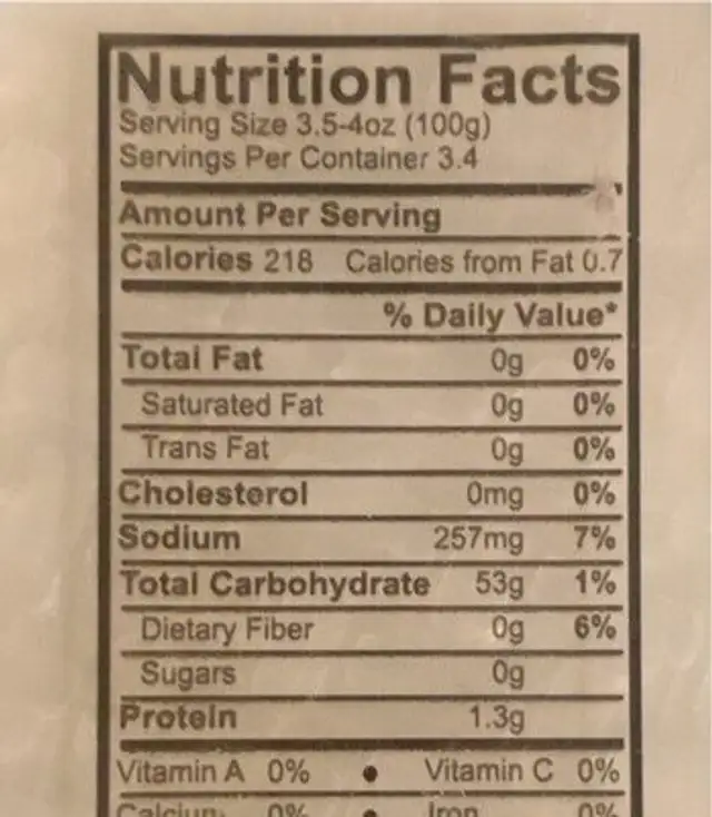 Mekong Rice Paper nutrition facts table