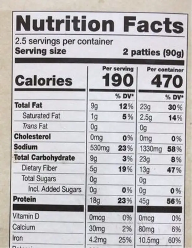 Sunday Funday Veggie Sausage nutrition facts table