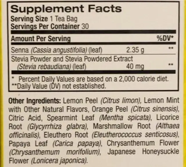 Super Dieters TEA lemon mint nutrition facts table