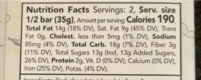 Overcast Sea Salt Dark Chocolate truffle Bar nutrition facts table