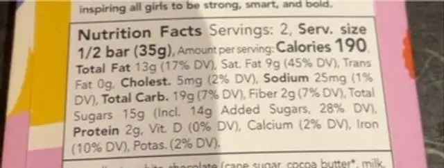 Tart & Soul nutrition facts table