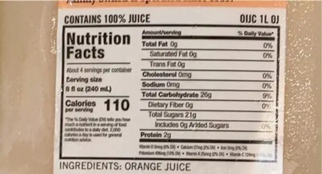 Natalie’s Orange Juice nutrition facts table