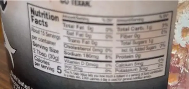 Tascosa Hot Sause nutrition facts table