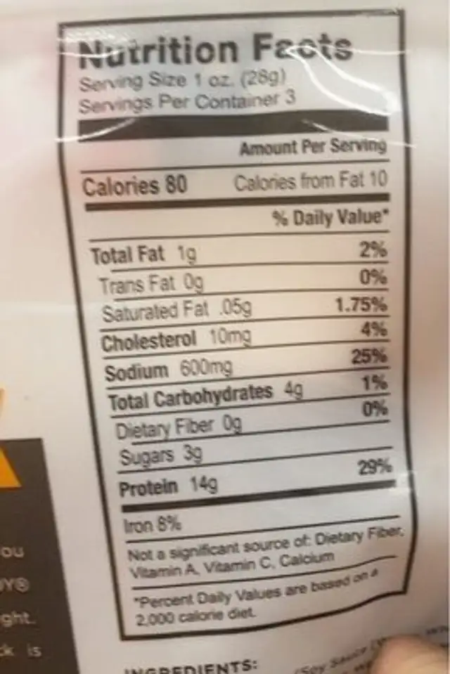 Teriyaki beef jerky nutrition facts table