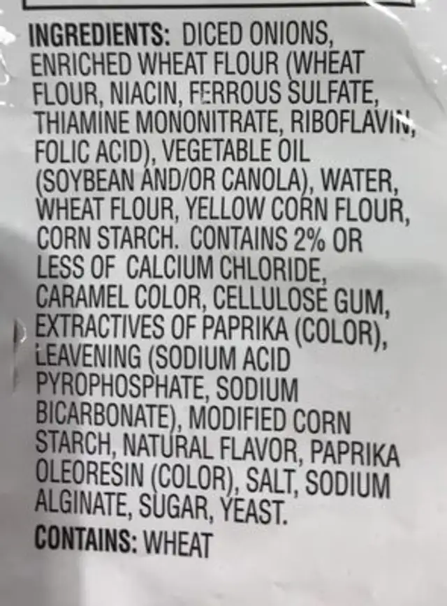 Onion rings ingredients label