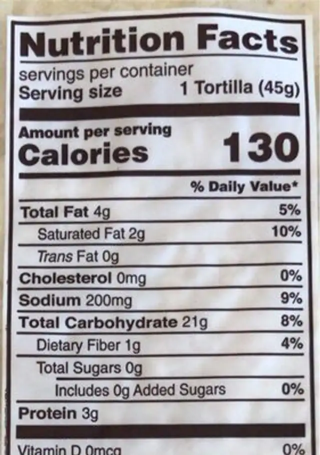 Flour tortilla nutrition facts table