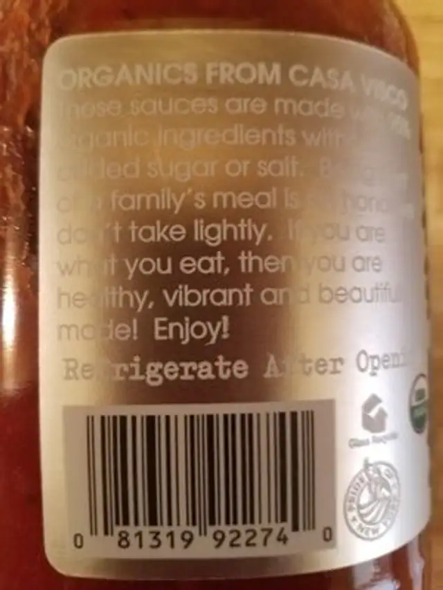 Pizza sauce ingredients label