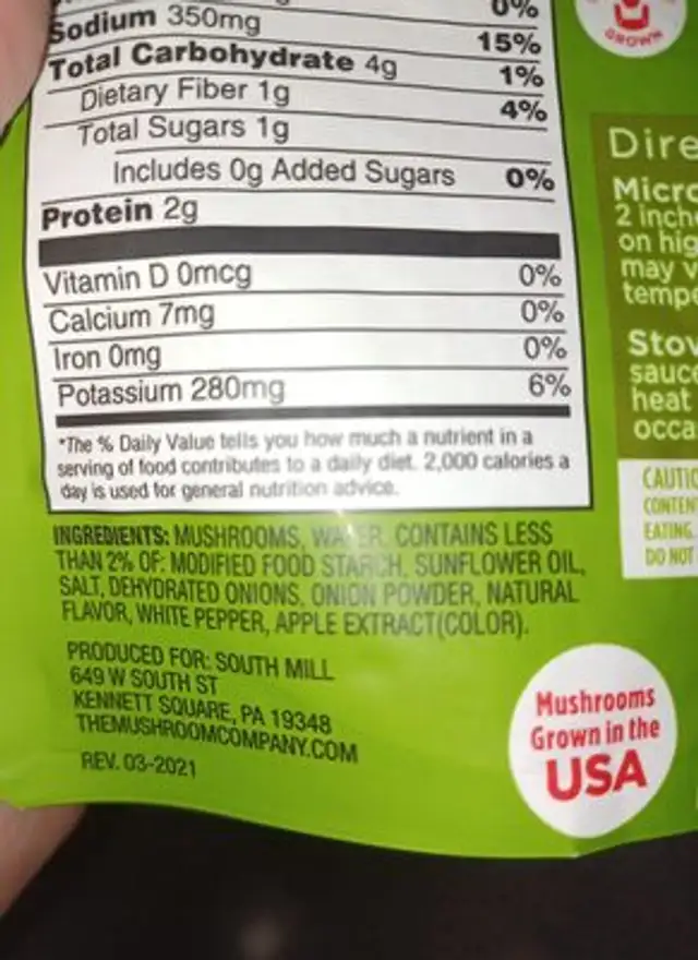 Minute Mushrooms - Steak & Onion Flavored ingredients label