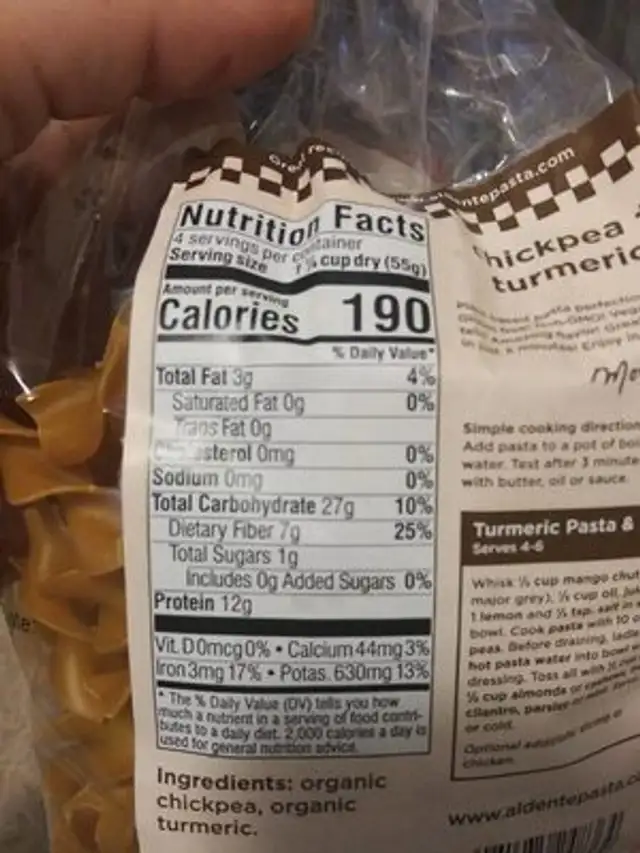 Al dente chickpea + turmeric plant based pasta nutrition facts table