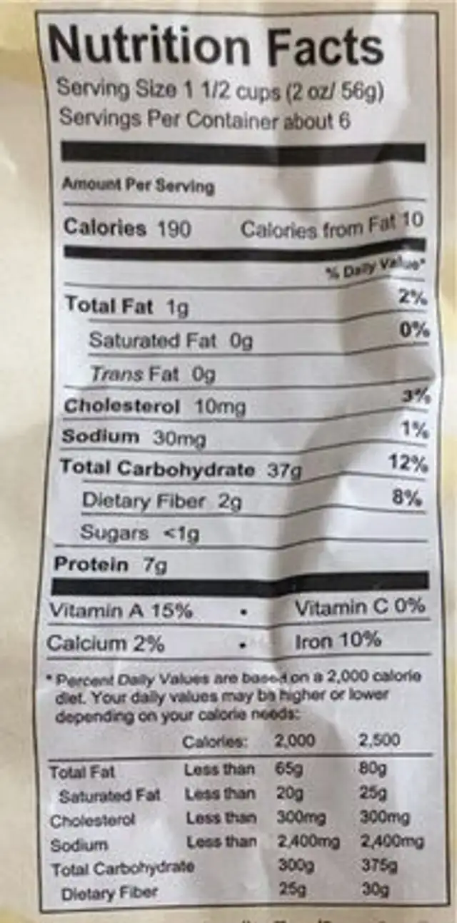 Spinach pappardelle nutrition facts table