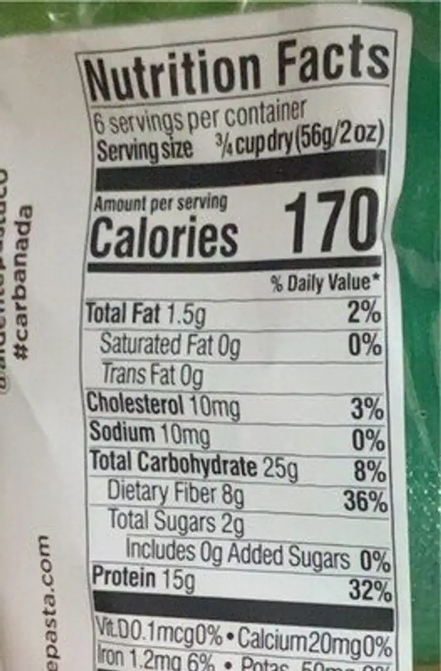 Carba nada fusilli pasta nutrition facts table