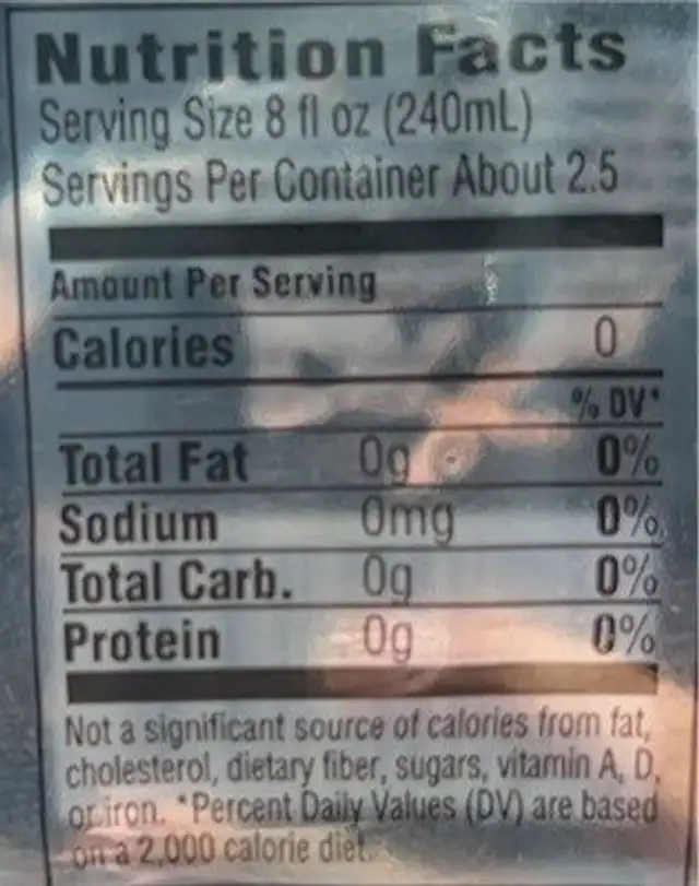 Hawaii Water nutrition facts table