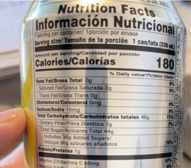Fruit drink nutrition facts table