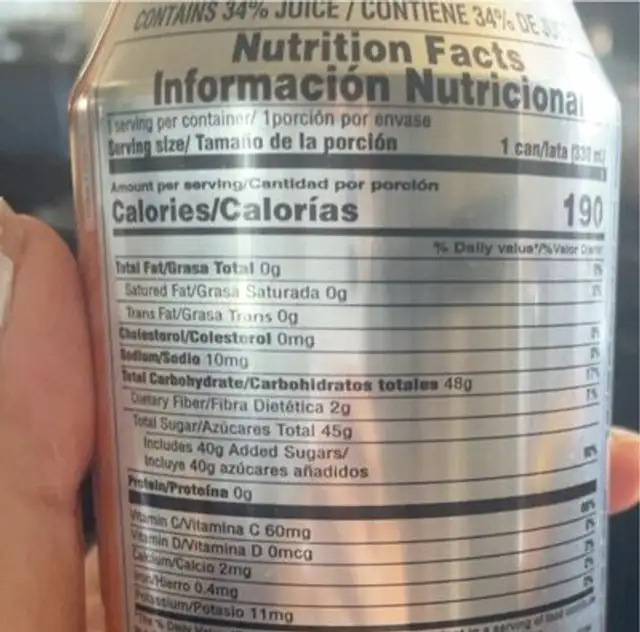 Guavas Nector nutrition facts table