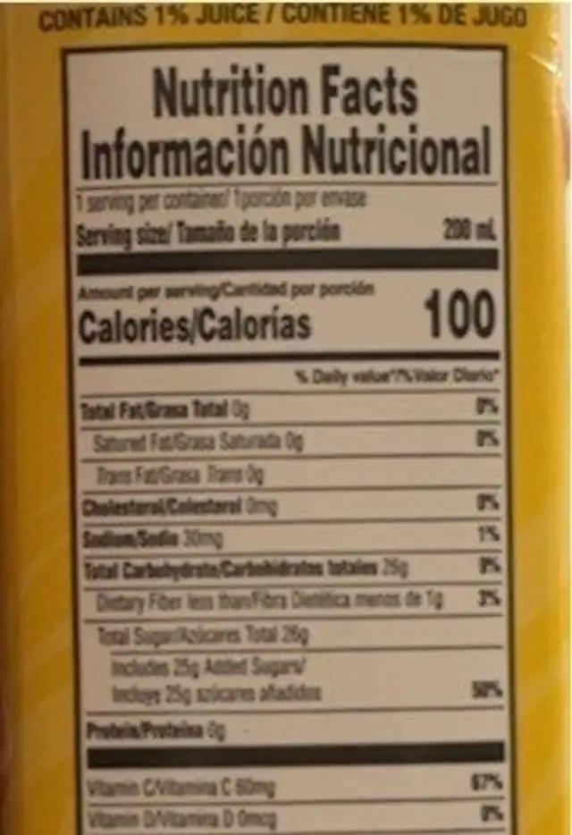 orange juice nutrition facts table
