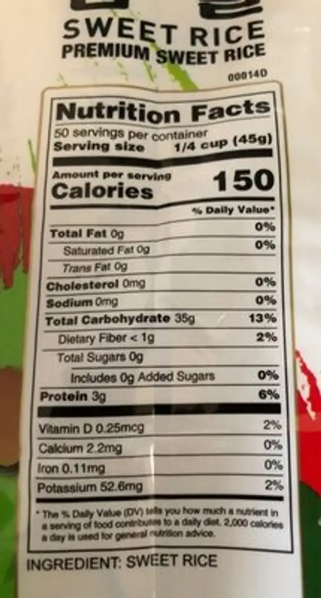 Sweet rice ingredients label