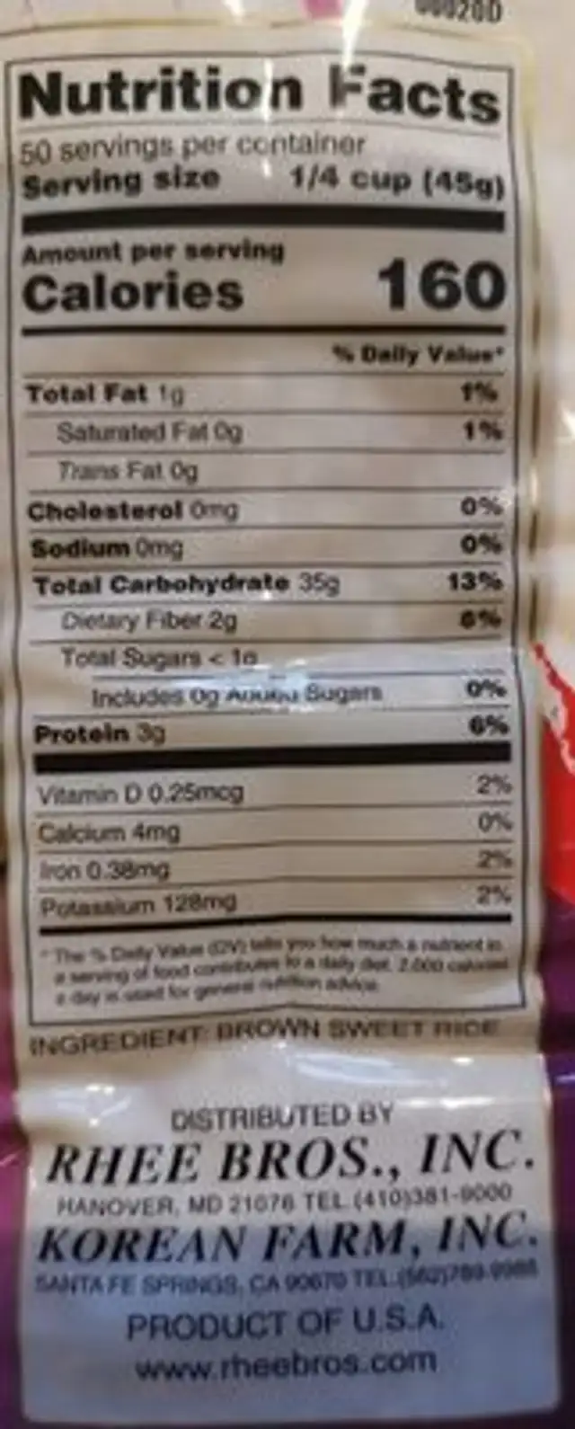 PREMIUM BROWN SWEET RICE nutrition facts table