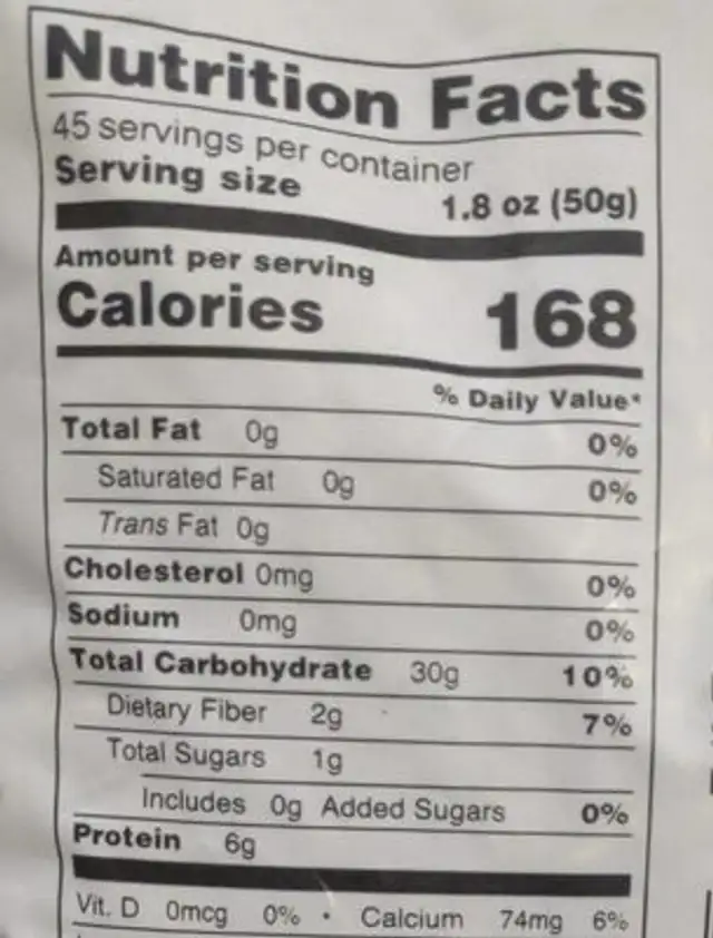 Red Beans nutrition facts table