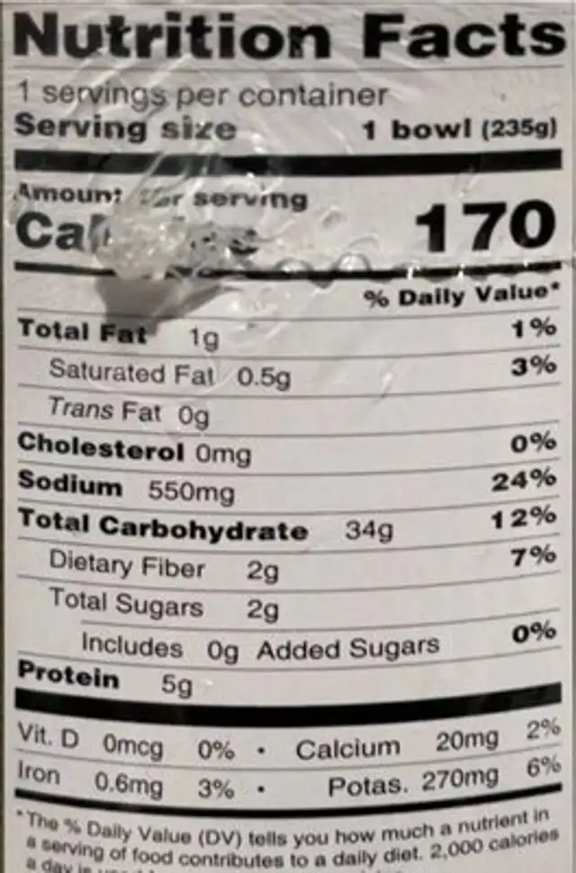 Fresh Jja-jang Noodle Bowl nutrition facts table