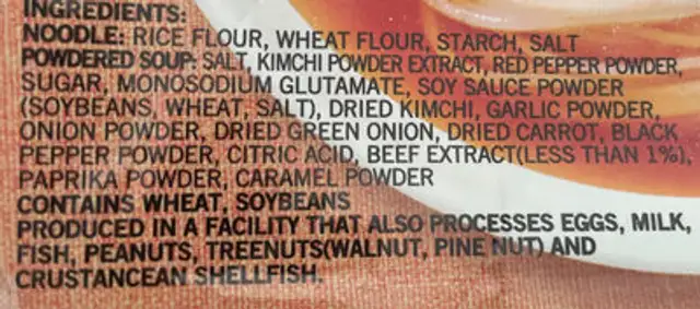 Rice noodles with kimchi soup ingredients label