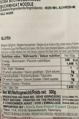 Soba Buck Wheat Noodles nutrition facts table