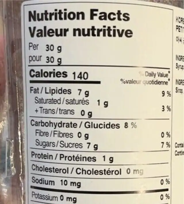 Korean style cookies - 궁중 약과 nutrition facts table