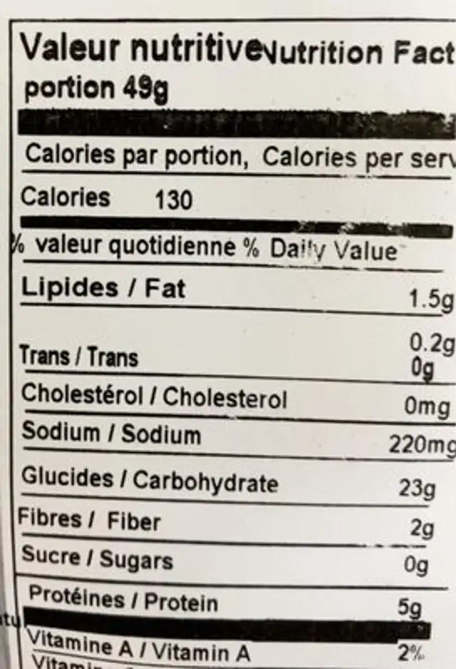 Pain au quinoa nutrition facts table