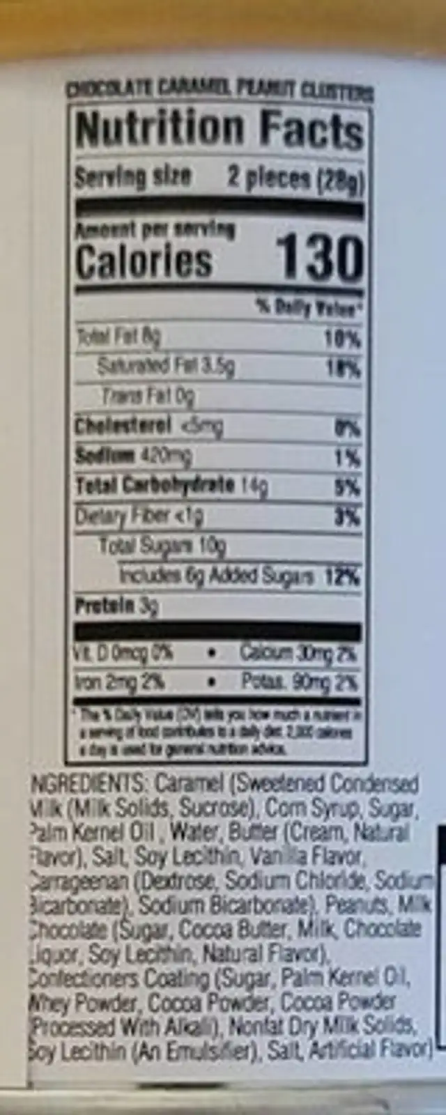 Milk Chocolate Caramel Peanut Clusters nutrition facts table