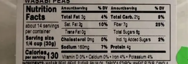 Wasabi Peas nutrition facts table